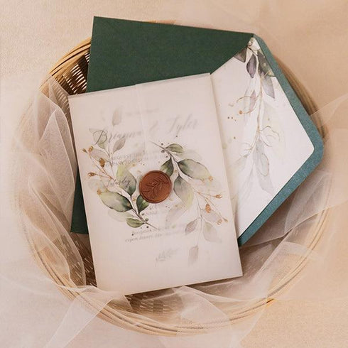 elegant greenery wedding invitations with vellum jacket and wax seal CWIV23